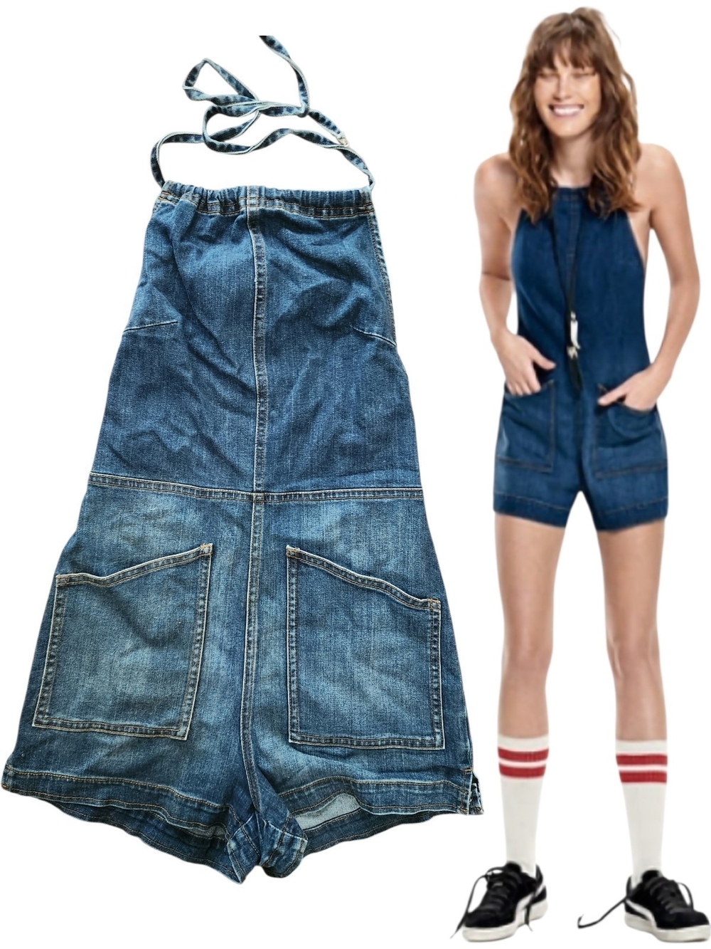 Rare Free People Denim Halter One Piece Romper Blue Jean 6/S Jumpsuit Shortalls